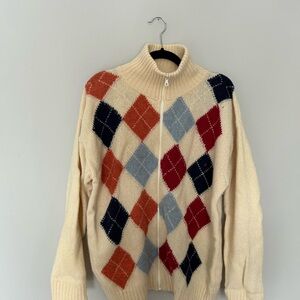 100% Wool Argyle Zip-Up Sweater